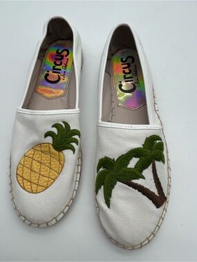 Circus by Sam Edelman White Espadrille Flats with Pineapple & Palm Embroidery
